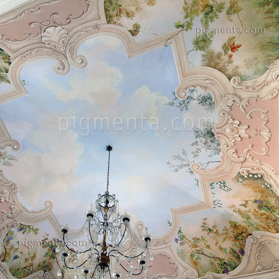 Plafond peint avec ciel et architectures baroque