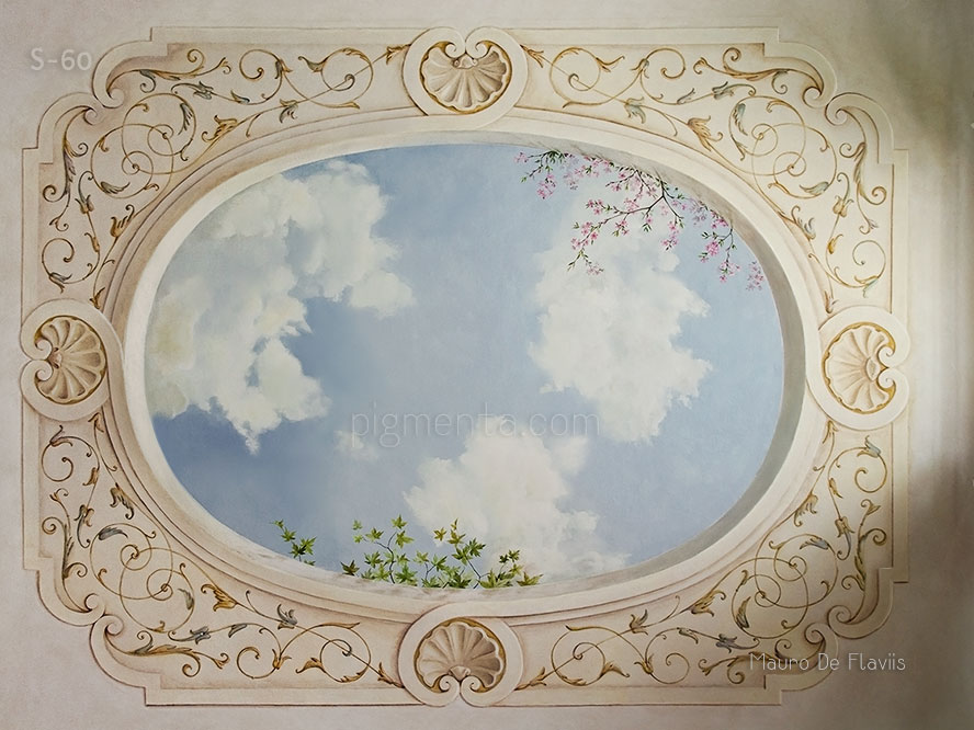 cameretta con soffitto dipinto a cielo con nuvole e alberi