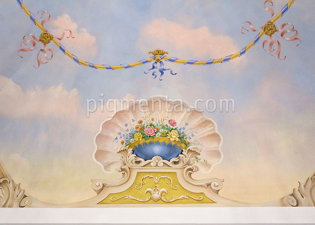 affresco a tema floreale sul soffitto antico. Pigmenta decorazioni Milano
