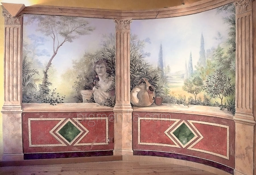 pittura pompeiana con giardino romantico Pigmenta-Milano